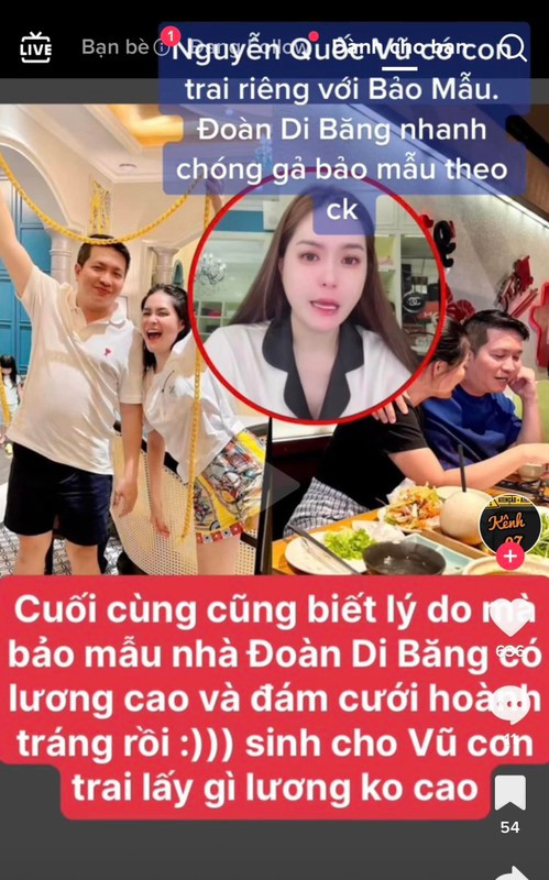 "Nguyễn Quốc Vũ có con trai riêng với bảo mẫu. Đoàn Di Băng nhanh chóng gả bảo mẫu theo chồng", "Cuối cùng cũng biết lý do mà bảo mẫu nhà Đoàn Di Băng có lương cao và đám cưới hoành tráng rồi. Sinh con trai cho Vũ lấy gì lương không cao", nguồn tin này cho biết.