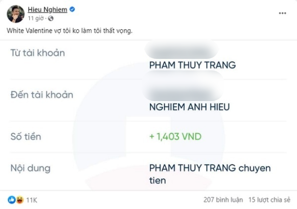 Món quà mà vợ anh chàng tặng lại khiến dân tình ngã ngửa và "muốn xỉu ngang". Theo đó, Xoài Non đã chuyển khoản cho chồng hẳn 1.403 đồng tương ứng với ngày 14/3.