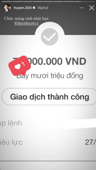 Mới đây, Lê Thị Khánh Huyền khoe chuyển khoản cho chồng hàng chục triệu đồng làm quà sinh nhật tuổi mới.