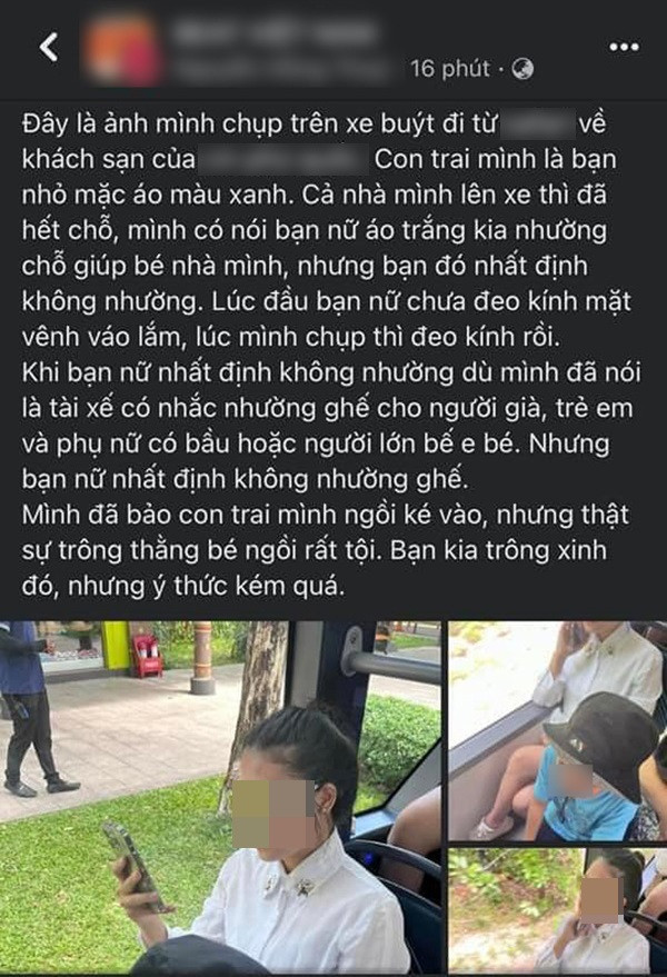 Một bà mẹ đưa con nhỏ đi du lịch, khi về bằng xe buýt nhưng không được cô gái kế bên nhường ghế và sau đó là một bài phốt đã ra đời với nội dung cô gái kế bên cũng xinh gái nhưng ý thức kém.