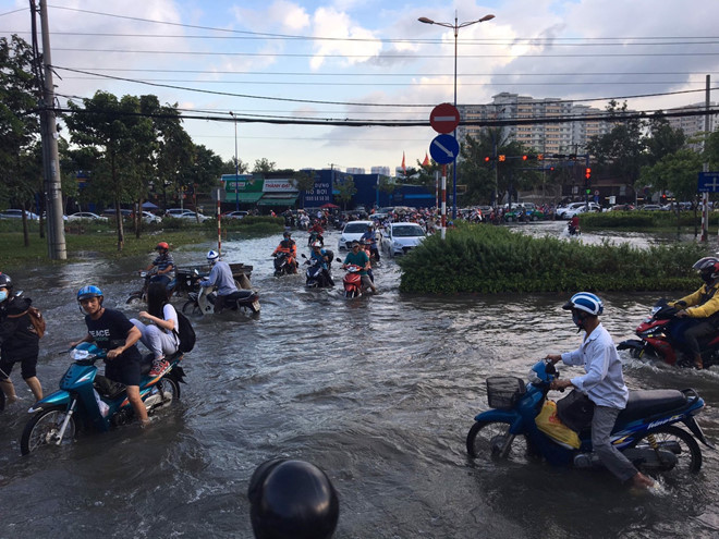 Trước đó, ngày 28/9, triều cường tại các vùng hạ lưu sông Sài Gòn - Đồng Nai lên nhanh khiến nhiều tuyến đường, khu vực thấp trũng tại TP HCM bắt đầu ngập. Nước từ sông Sài Gòn theo các đường cống trào lên mặt đường Xa lộ Hà Nội, Song Hành, đoạn qua phường An Phú (quận 2), gây ngập cục bộ. (Ảnh: Zing)