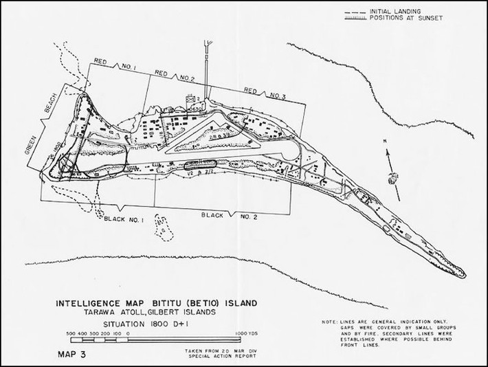 Bản đồ đảo Tarawa, hòn đảo lớn nhất thuộc quần đoả Gilbert. Chiến dịch tiến chiếm Gilbert của Mỹ được khởi động từ mùa hè cùng năm. Nguồn ảnh: BI.