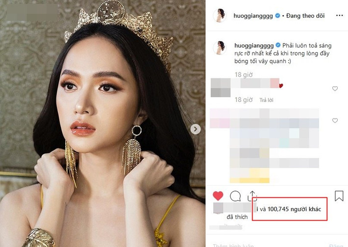 Bức hình Hương Giang mới đăng tải đã nhanh chóng thu hút hơn 100 nghìn lượt thích.
