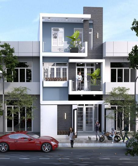 Phối cảnh mặt tiền nhà ống 2 tầng kết hợp sân thượng.