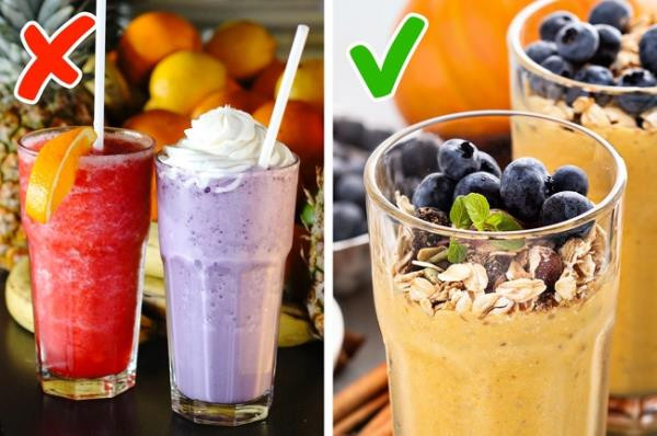 Sinh tố: Sinh tố trái cây và rau quả thường được thêm một chút kem hoặc đường cho dễ uống. Đây là nguyên nhân bạn không nên dùng nó cho bữa sáng để không bị tăng đường huyết trong máu. Ngoài ra, bạn cũng không dùng cam, xoài hoặc chuối vào buổi sáng.