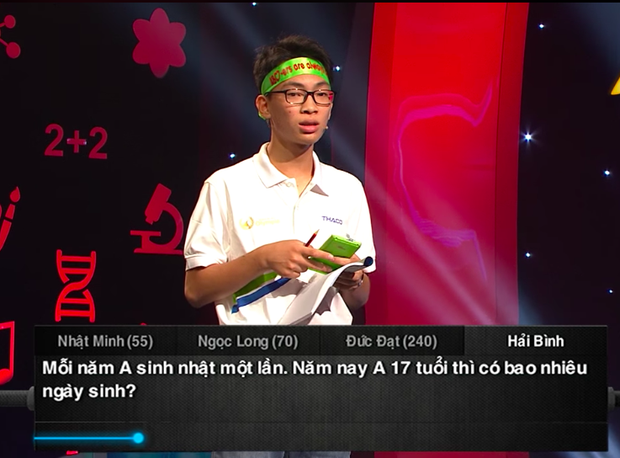 Câu hỏi gây "lú" một thời cho dàn thí sinh khi cậu bạn Hải Bình đã thay liền 5 đáp án chỉ trong vòng chưa đến 10 giây. Cuối cùng đáp án là 1 vì dù A bao nhiêu tuổi thì A cũng chỉ có duy nhất 1 ngày sinh.