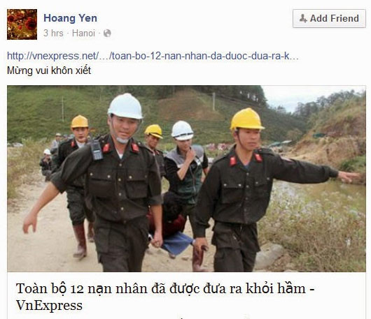 Kể từ đó, trên các mạng xã hội, tin tức về vụ giải cứu thành công được chia sẻ liên tục. Người ta dẫn lại link các tin bài về vụ việc đăng trên các báo, kèm theo lời cảm thán bày tỏ niềm vui.