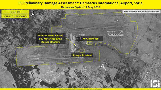 Ảnh chụp vệ tinh được phía Israel công bố cho thấy, khu vực sân bay quốc tế Damascus của Syria bị tấn công với khu vực nhà kho, nhà ga chính và khu nhà kính. Nguồn ảnh: ImgSat.