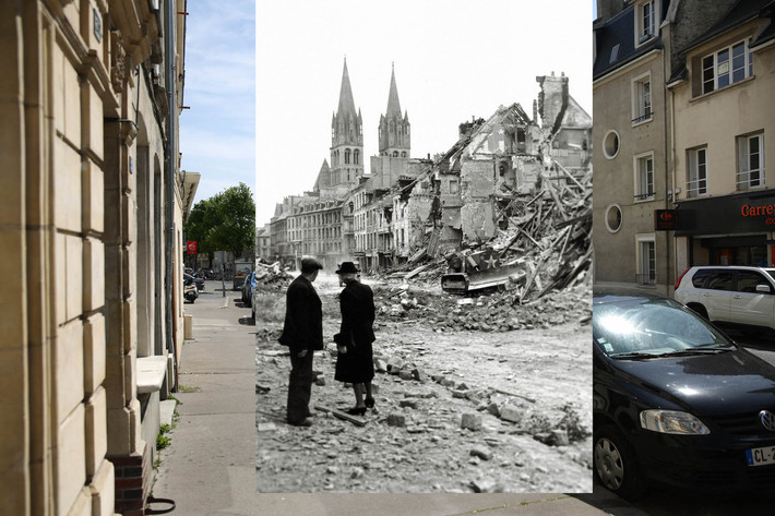 Caen, Pháp hoang tàn và đổ nát, hai người Pháp đứng nhìn binh lính Canada giao tranh với quân Đức ở cuối phố. Trong khi diễn ra cuộc chiến này, dù đã nhận được lệnh sơ tán từ cả phía Đức lẫn phía Đồng minh nhưng vẫn còn rất nhiều người Pháp từ chối đi sơ tán, ở lại nhà mình để chứng kiến những ngày đầu tiên nước Pháp được giải phóng. Nguồn ảnh: BI.