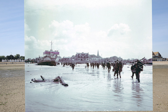 Bãi biển nơi trước kia diễn ra cuộc đổ bộ D-Day của quân đồng minh nằm trong khuôn khổ của chiến dịch Overlord. Ảnh: Lực lượng Sư đoàn 3 Bộ binh Canada tến vào bãi đổ bộ Juno. Nguồn ảnh: BI.