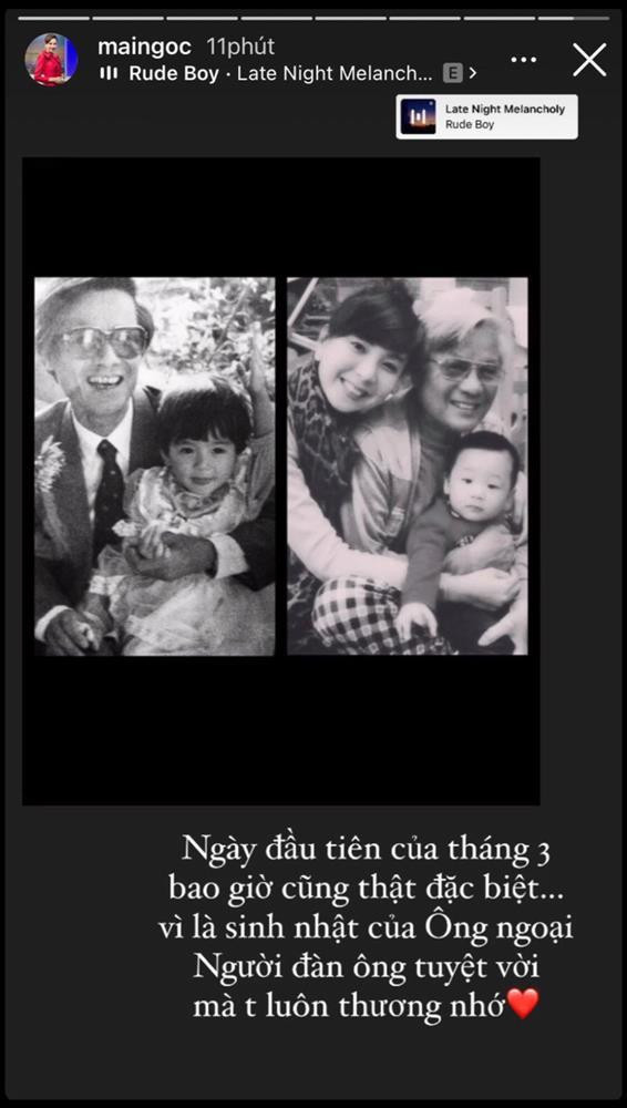 Mới đây, MC đẹp nhất VTV - Mai Ngọc đã đăng tải hình ảnh lên story vào ngày đầu tháng 3. Khoảnh khắc mà cô chia sẻ là hình ảnh chụp chung với ông ngoại ngày nhỏ và khi cô đã lớn.