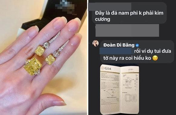 Tuy nhiên, trong số những bình luận đó xuất hiện một tài khoản tên S.Tr lại bày tỏ: "Đây là đá Nam Phi, không phải kim cương". Ngay lập tức, chính chủ chia sẻ giấy chứng nhận sản phẩm được khẳng định bởi Viện đá quý Hoa Kỳ (GIA). "Rồi tôi đưa tờ này ra coi hiểu được không?", cô đáp lại.