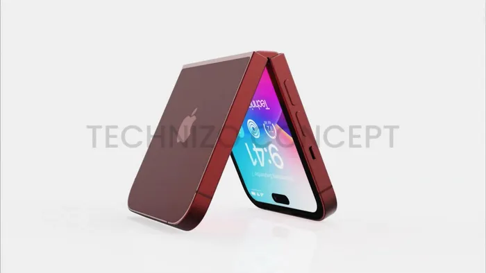 iPhone Flip có thêm bản lề gập ở giữa cùng màn hình phụ ở mặt lưng. (Ảnh: Technizo Concept)