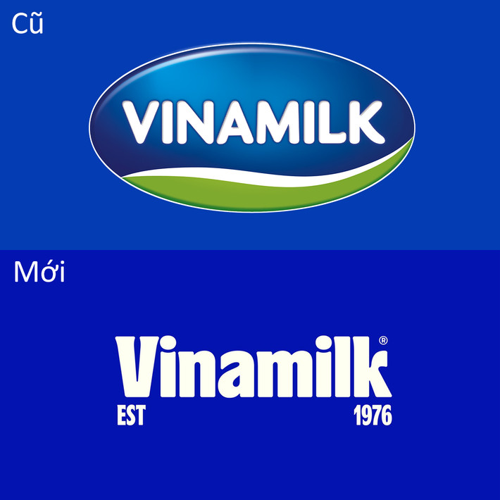 hay vì hình ảnh logo bầu dục có hình ảnh biểu tượng của bãi cỏ xanh lục và bầu trời xanh lam với dòng chữ Vinamilk ở giữa, hiện tại, logo Vinamilk màu trắng theo font chữ riêng biệt, bên dưới là ký hiệu "EST" và năm ra đời "1976".