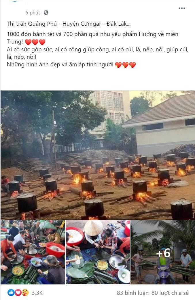 Trên 1 diễn đàn mới đây cũng đã chia sẻ loạt ảnh được bà con tại thị trấn Quảng Phú - Huyện Cư M'gar - Đắk Lắk đang gói 1000 đòn bánh tét để chuẩn bị gửi vào miền Trung.