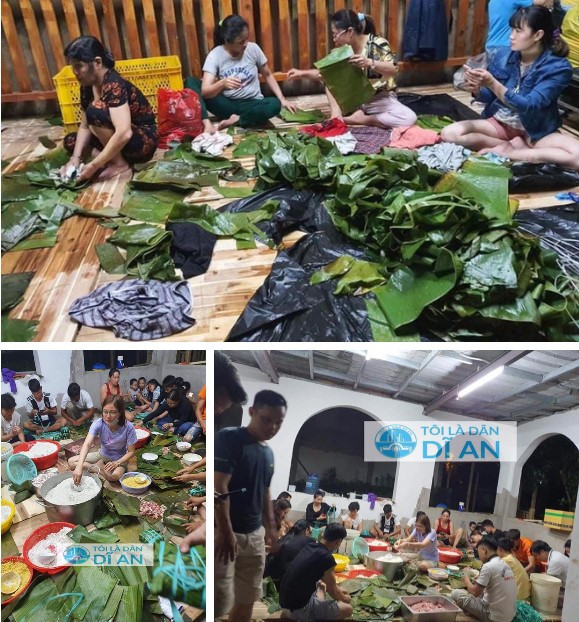 Tại khu phố Tân Long, phường Tân Đông Hiệp, Dĩ An, nhiều người dân cùng tụ họp gói bánh chưng để gửi về miền Trung đang lũ lụt.