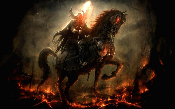 Tiếp theo là Kỵ sĩ đỏ – The Red Horsemen: Hình ảnh gã kỵ sĩ thứ hai, mang gươm cưỡi con ngựa đỏ như lửa được giải nghĩa là biểu tượng cho Chiến tranh. Những kẻ chinh phạt kéo theo chiến tranh, và con người giết lẫn nhau.
