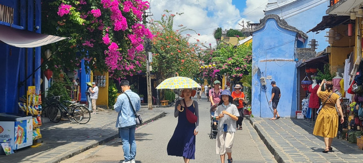 Bên cạnh những ngôi nhà cổ kính rêu phong, hoa giấy Hội An cũng là một thành phần không thể thiếu làm nên nét đặc trưng của phố cổ.