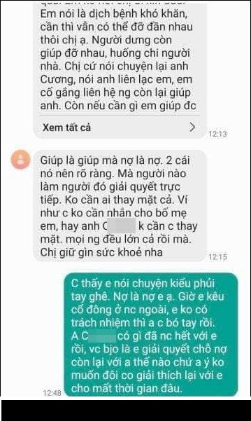 Đến năm 2019, Gào mới thanh toán cho anh C. 70 triệu, 30 triệu còn lại thì không thấy hồi âm. Lý do mà Gào đưa ra là người phải trả số tiền này là một cổ đông khác từng chung vốn mở quán trà sữa, chứ không phải cô.