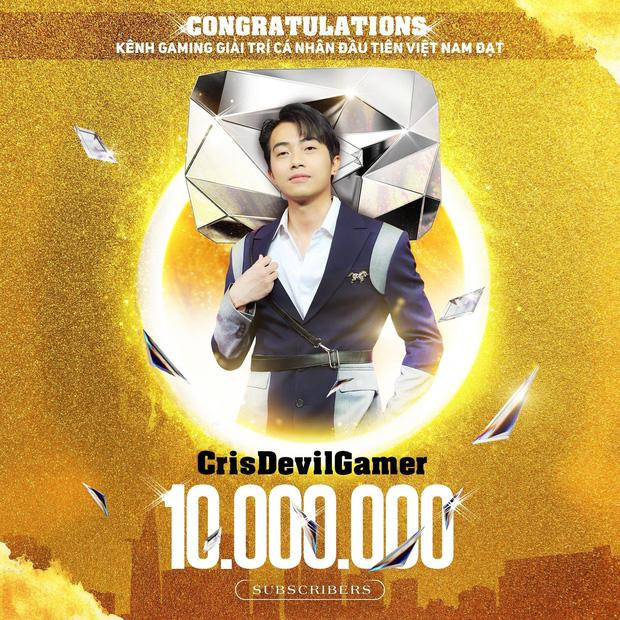 Mới đây, chàng Youtuber Cris Phan thông báo kênh YouTube Cris Devil Gamer đã cán mốc 10 triệu người đăng ký, đạt nút kim cương. Theo đó, đây là kênh gaming giải trí cá nhân đầu tiên ở Việt Nam đạt thành tích này.