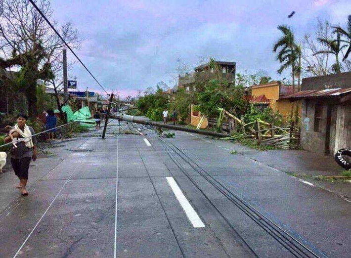 Cột điện đường nằm chắn ngang sau khi bão Nock-ten quét qua Catanduanes. Ảnh FB