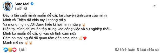 Yêu nhau chưa được bao lâu thì mới đây, nàng hot girl sở hữu vòng eo con kiến - Sme Mai bất ngờ thông báo trên trang cá nhân đã chia tay Việt Thiện 1 tháng làm dân tình không khỏi bất ngờ.