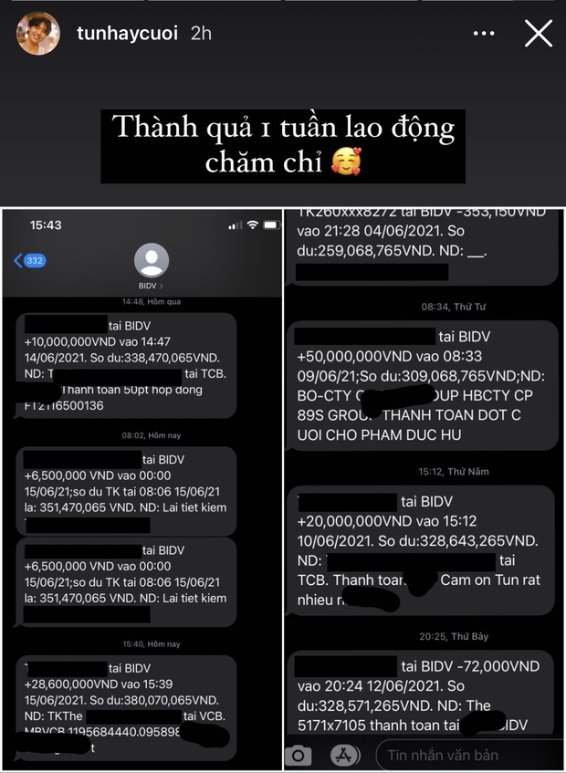 Cụ thể trên một story cá nhân, TikToker Tun Phạm đã đăng tải hàng loạt tin nhắn tiền về trên tài khoản ngân hàng của mình trong vòng một tuần. Con số lên đến hơn 100 triệu quả thật khiến nhiều người không khỏi choáng váng.
