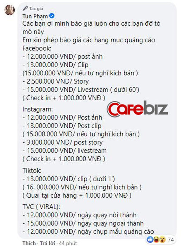 Trước đó, Tun Phạm từng khiến netizen xôn xao khi công khai luôn cả bảng giá cho nhiều người đã thắc mắc. Nếu làm clip và tự nghĩ kịch bản thì số tiền là 15 triệu VNĐ (trên TikTok là 16 triệu VNĐ).
