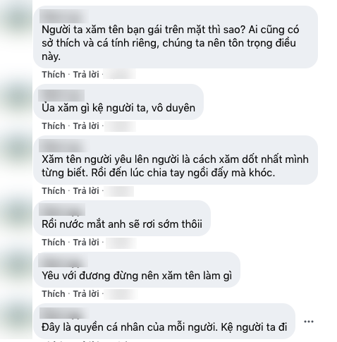 Khi hình ảnh xuất hiện trên mạng xã hội ngay lập tức thu hút nhiều bình luận trái chiều. Một bên cho rằng, thanh niên đã dám sống hết mình, yêu hết mình nên mới can đảm làm vậy. Trái lại, có netizen bình luận việc xăm tên trên vị trí đó là thiếu suy nghĩ, nếu sau này chia tay thì phải làm thế nào?