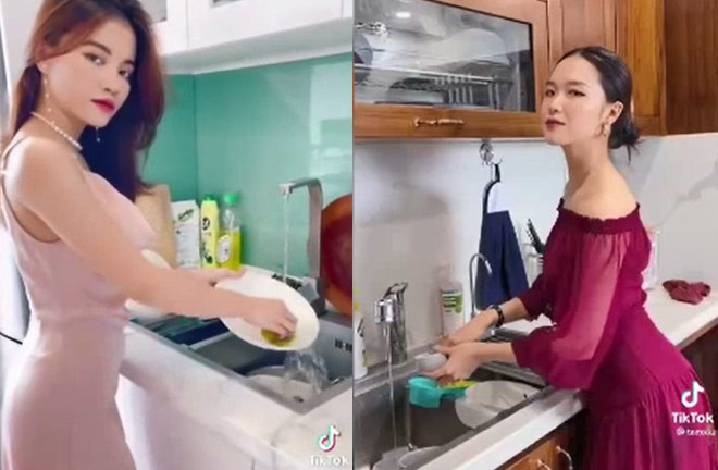 Từ lau nhà, cọ bồn cầu, rửa bát, tưới cây, thậm chí đi đổ rác các chị em cũng phải "lên đồ" với biểu cảm cực thần thái.