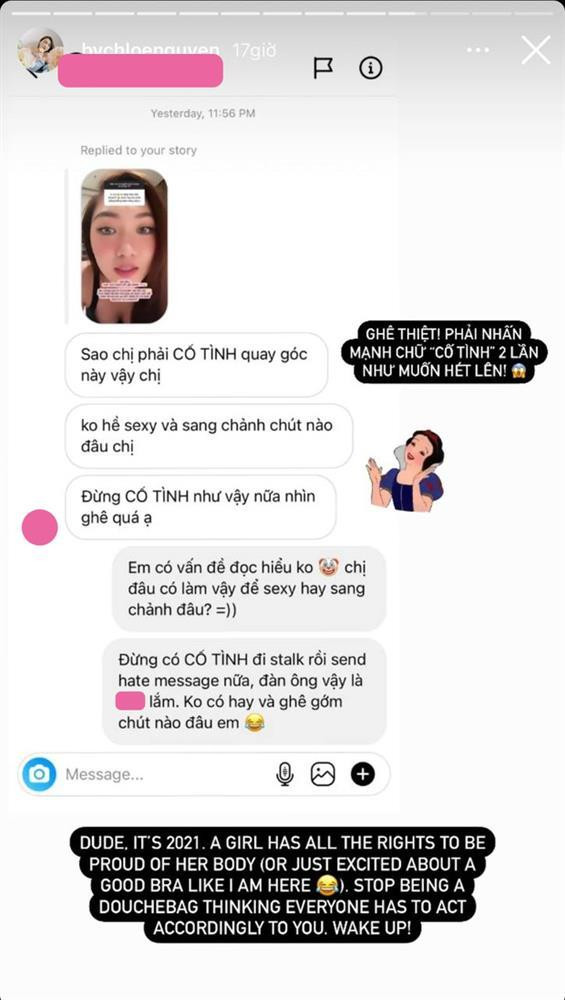 Đính kèm câu trả lời, Chloe Nguyễn không quên đính kèm hình ảnh để lộ vòng 1 lấp ló như ẩn ý cho nội dung chuẩn bị ra mắt sắp tới. Tuy nhiên, khoảnh khắc có phần nhạy cảm này lại khiến netizen "nóng mắt", có người còn bình luận lại với thái độ chỉ trích nữ beauty blogger.