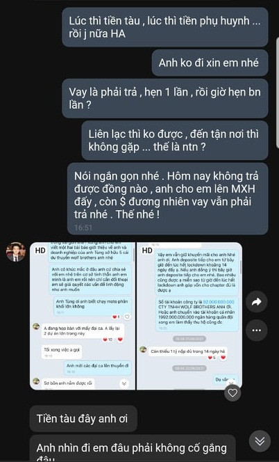 Đính kèm giấy nợ, trên MXH còn xuất hiện đoạn tin nhắn minh chứng việc diễn viên Huỳnh Anh nợ tiền. Dù đã được nhắn tin đòi nợ nhưng chàng diễn viên không trả, khẳng định sẽ trả sau nếu có tiền.