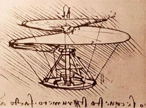 4. Ốc vít trên không: Loại ốc vít trên không của Da Vinci là tiền thân của máy bay trực thăng hiện đại. Nó được thiết kế để cất cánh từ mặt đất bằng cách tạo ra lực cản không khí.
