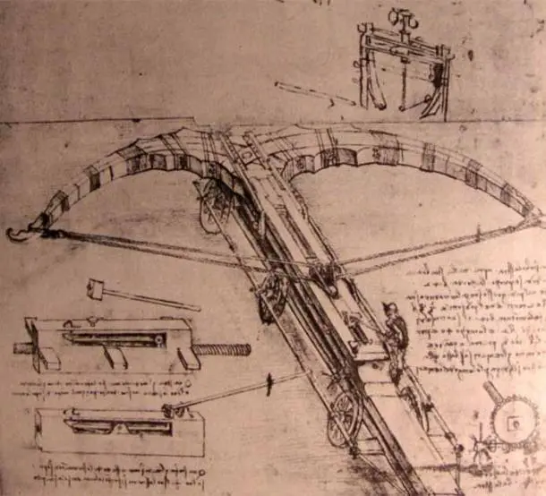 6. Nỏ khổng lồ: Leonardo da Vinci thiết kế chiếc nỏ khổng lồ có kích thước lớn hơn 25 mét, có thể bắn mũi tên khổng lồ hoặc đá tảng vào lớp tường phòng thủ của kẻ thù.