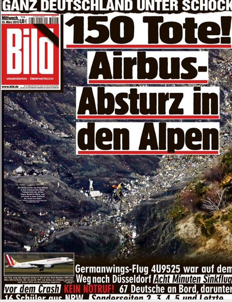 Báo Bild của Đức để một dải băng đen tưởng nhớ các nạn nhân vụ rơi máy bay Airbus A320 ở Pháp.