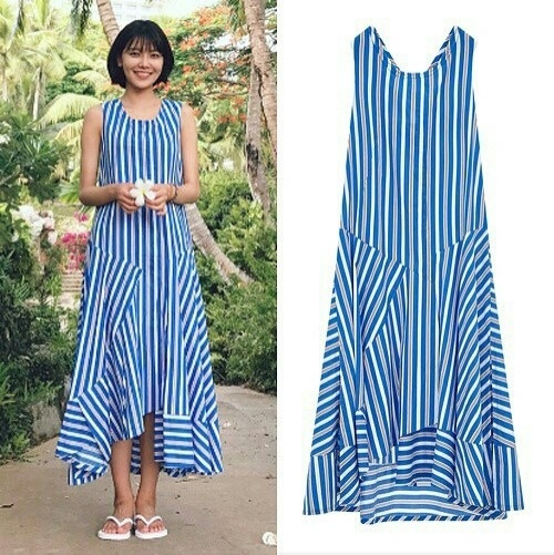 Phong cách thanh lịch và nữ tính được thể hiện rõ khi Sooyoung diện thiết kế kẻ sọc bắt mắt dáng maxi. Nó là sản phẩm thuộc thương hiệu VOV có giá trị 5,5 triệu VND.