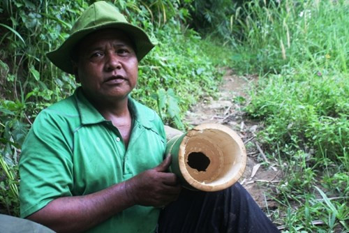Già làng Hồ Văn Thạch với một khúc tre sau khi đã đục thông lỗ để làm bình đựng nước.