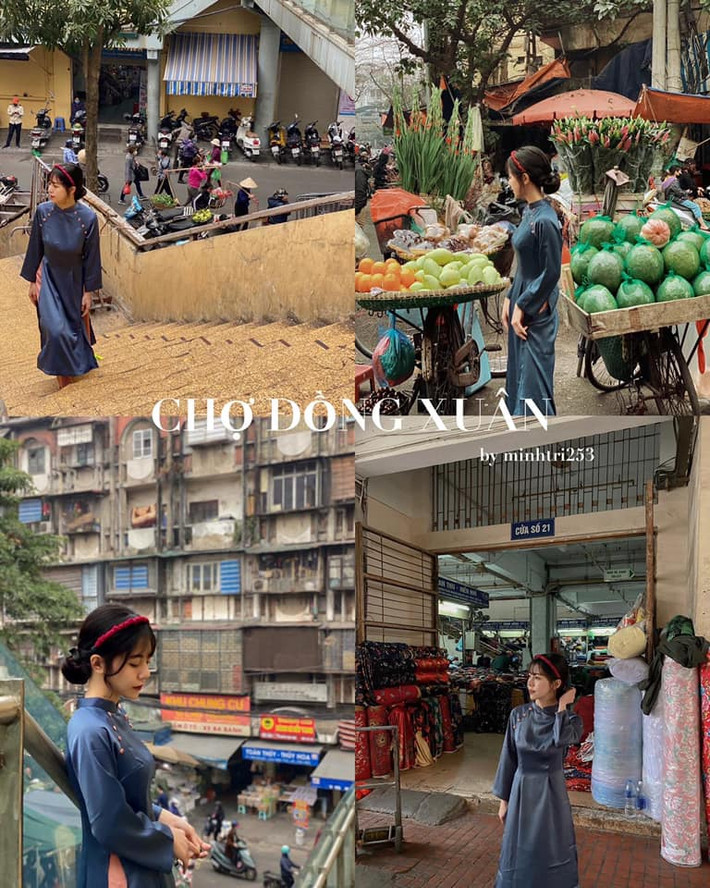 Khu chợ Đồng Xuân những ngày Tết hay cận Tết được khoác lên mình màu áo hoàn toàn mới. Chẳng cần diện đồ rực rỡ, với tà áo dài truyền thống, mỗi bức hình bạn chụp tại đây sẽ mang lại vẻ đẹp riêng biệt, đó là sự bình dị, hoài cổ, tựa như lạc vào không gian Hồng Kông.