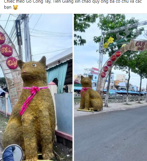 Trên MXH đang lan truyền hình ảnh về tượng linh vật mèo ở Tiền Giang với ngoại hình cực hài hước. Ảnh: Chụp màn hình