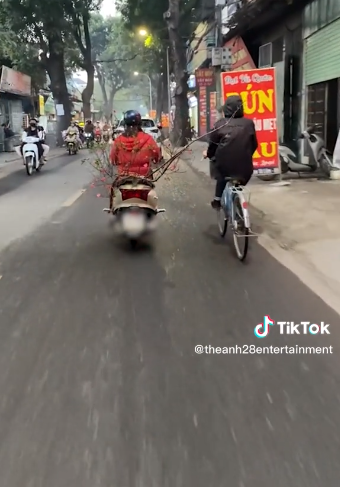 Đi qua mọi con đường cây đào của cô gái đã va chạm vào không ít người đi qua đường, khiến người quay clip phía sau phải đi chậm lại, chứng kiến và quay clip chia sẻ lên MXH. Ảnh: Chụp màn hình