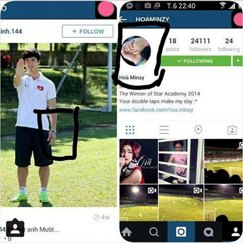 Ảnh đại diện của Hòa trên instagram gần đây là hình hai bàn tay đan vào nhau. Dân mạng phát hiện, 2 chiếc vòng xanh vàng ở cổ tay có vẻ của người nam trong ảnh giống 2 chiếc vòng Công Phượng từng đeo.