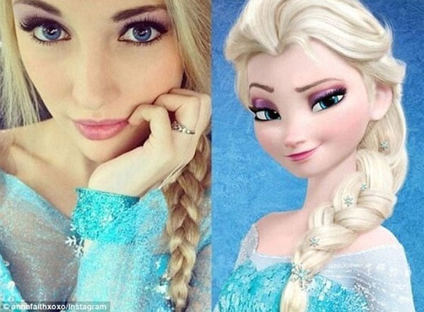 Anna Faith Carlson nhanh chóng nổi tiếng thế giới chỉ nhờ vào một bức ảnh chụp có khuôn mặt y hệt công chúa Elsa trong phim hoạt hình bom tấn Frozen (Nữ hoàng băng giá). Trang Instagram của cô hút hơn 570.000 người theo dõi, Twitter là 52.000 và fanpage trên Facebook có 28.000 like (thích).