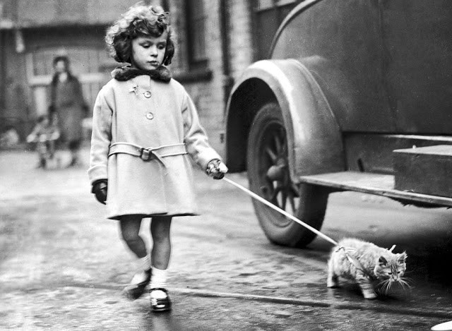 Bé gái nhà giàu có dắt mèo cưng ngoài phố năm 1931. Ảnh VT