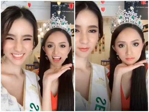 Hồi tháng 3, khi vừa đăng quang Hoa hậu Chuyển giới, Hương Giang có màn đọ sắc với á hậu 2 Yoshi Rinrada Thurapa. Ở một vài khoảnh khắc, vẻ nhợt nhạt, hốc hác của Hương Giang bị người đẹp Thái Lan lấn át.