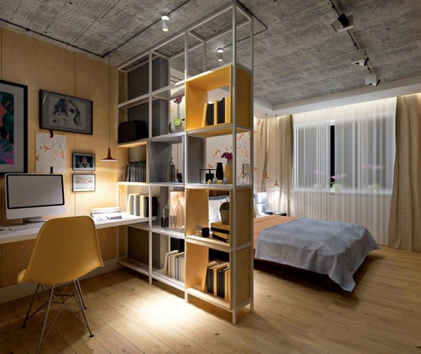 Giá sách tách biệt khu vực làm việc với giường ngủ để khi một người còn làm việc ánh sáng sẽ không làm ảnh hưởng đến người đang ngủ.