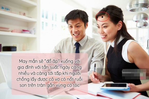 7. Nốt ruồi son ở trên trán gần vùng có tóc: Nốt ruồi ở trên trán nhưng giáp ranh với vùng tóc mọc nhiều là nốt ruồi tốt duyên, tốt vận của phái nữ. Người nào có nốt ruồi này, đa phần đều là những cô gái dịu dàng, hiền lành, biết giao tiếp, cư xử hòa nhã, khéo léo lại đảm đang, quán xuyến cửa nhà. Một khi đã đi lấy chồng, cô ấy sẽ chiều chuộng người bạn đời hết mực. Mọi may mắn sẽ “đổ ập” xuống với hai vợ chồng với tần suất ngày càng nhiều và càng tới tấp.