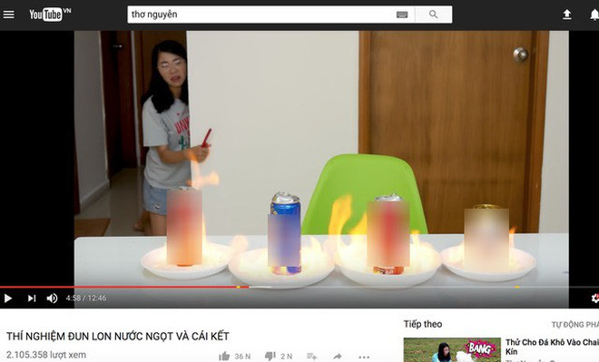 Ngoài ra, Thơ Nguyễn còn thực hiện đun bia, nước ngọt trên bếp gây nổ. Sau đó, vì phản ứng của dư luận, những video này đã bị xóa bỏ hoàn toàn trên YouTube. Ảnh: Tổng hợp