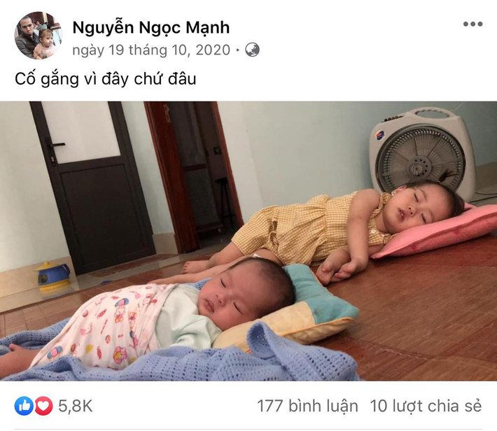 Những dòng status của anh Nguyễn Ngọc Mạnh đã khiến cư dân mạng "tan chảy" bởi nó thể hiện tình yêu mà anh dành cho các con quá lớn: "Cười nhiều một chút cho đời thêm đẹp", "Cuộc đời mải kiếm tiền để làm gì? Để rồi bỏ quên những điều tuyệt vời quanh ta! Cố gắng vì đây chứ đâu. Đời người sao cứ phải gồng mình? Mệt rồi thì về nhà ôm con. Nghe con hát. Nghe con kể chuyện",...