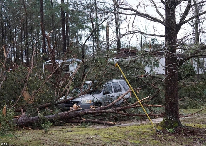 Một chiếc xe bị cành cây gãy đổ đè lên trên trên tuyến đường Lee Road 11 tại Beauregard, Alabama. Ảnh: AP.