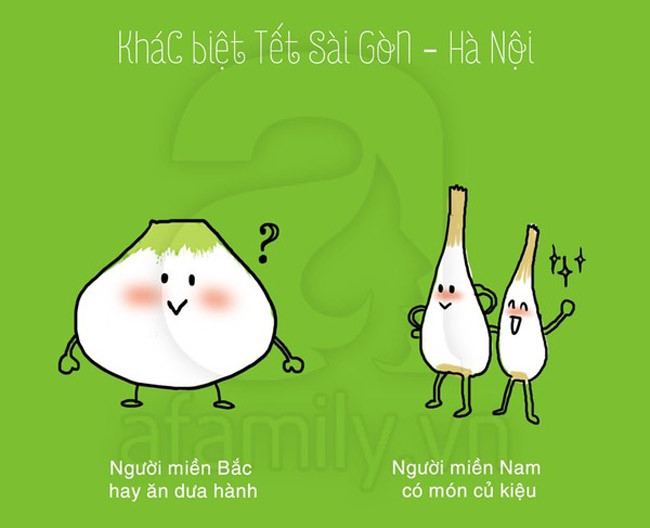 Về ẩm thực ngày Tết, người miền Bắc, đại diện là Hà Nội, không thể thiếu món dưa hành, còn người Sài Gòn luôn có món củ kiệu.